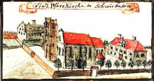 Stadt Pfarr Kirche in Schwiebusen - Koci parafialny, widok oglny